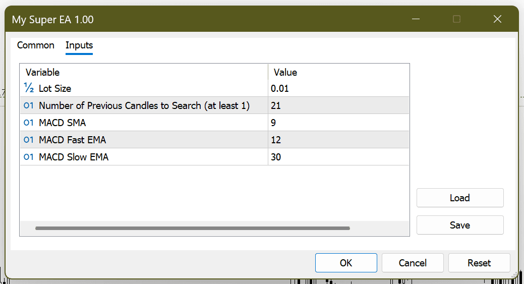 EA Inputs window